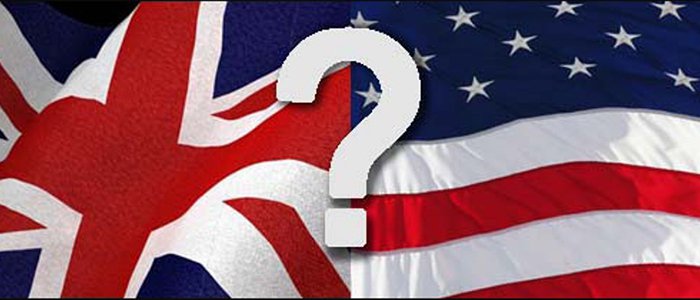 Американский и британский флаги, символизирующие два разных английских языка.